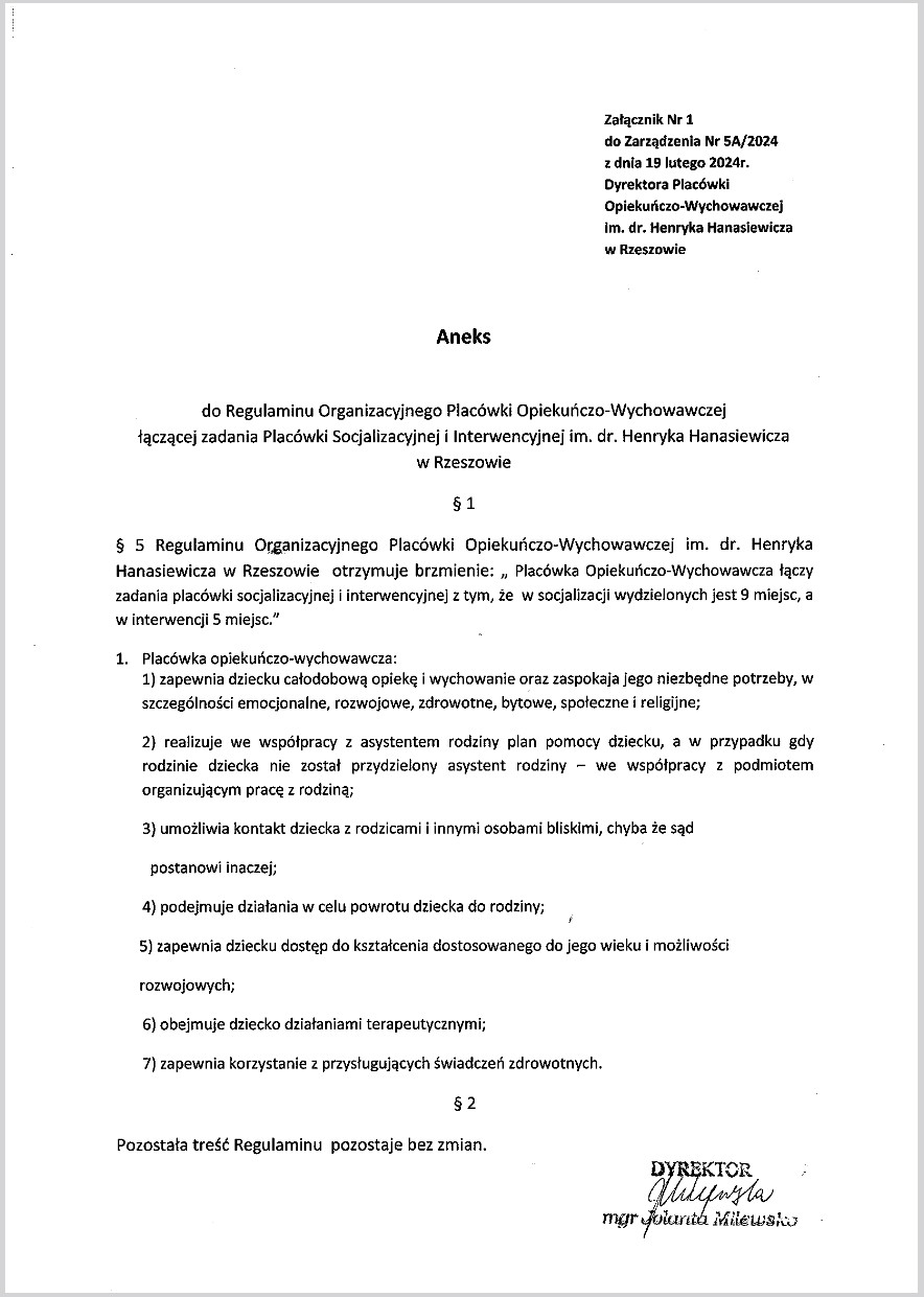Aneks do Regulaminu Organizacyjnego 19 02 2024